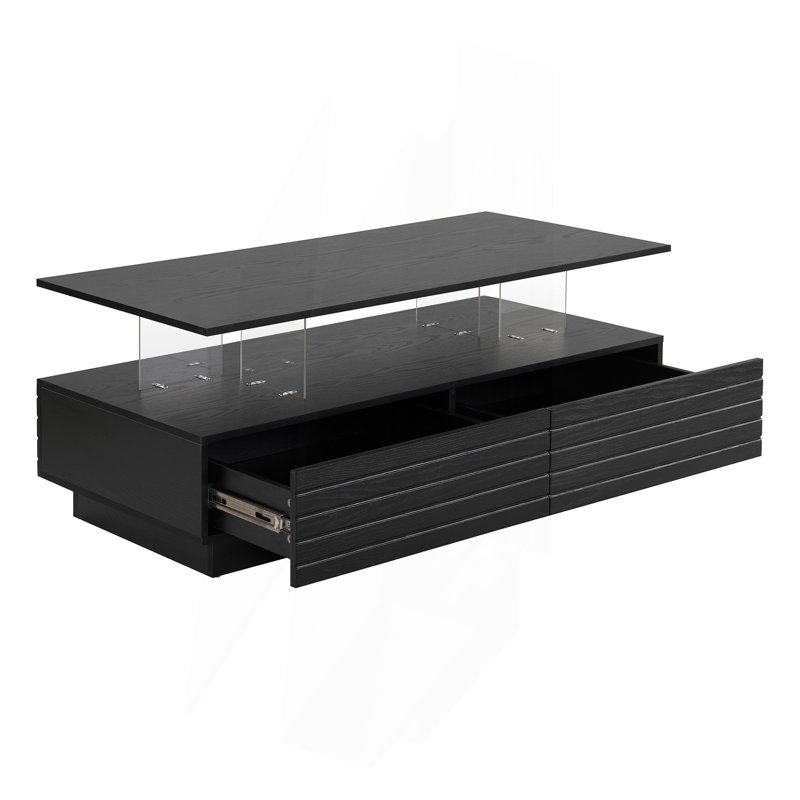 Modern Rectangular LED Lights Coffee Table With 2 Drawers In 47.2", Black