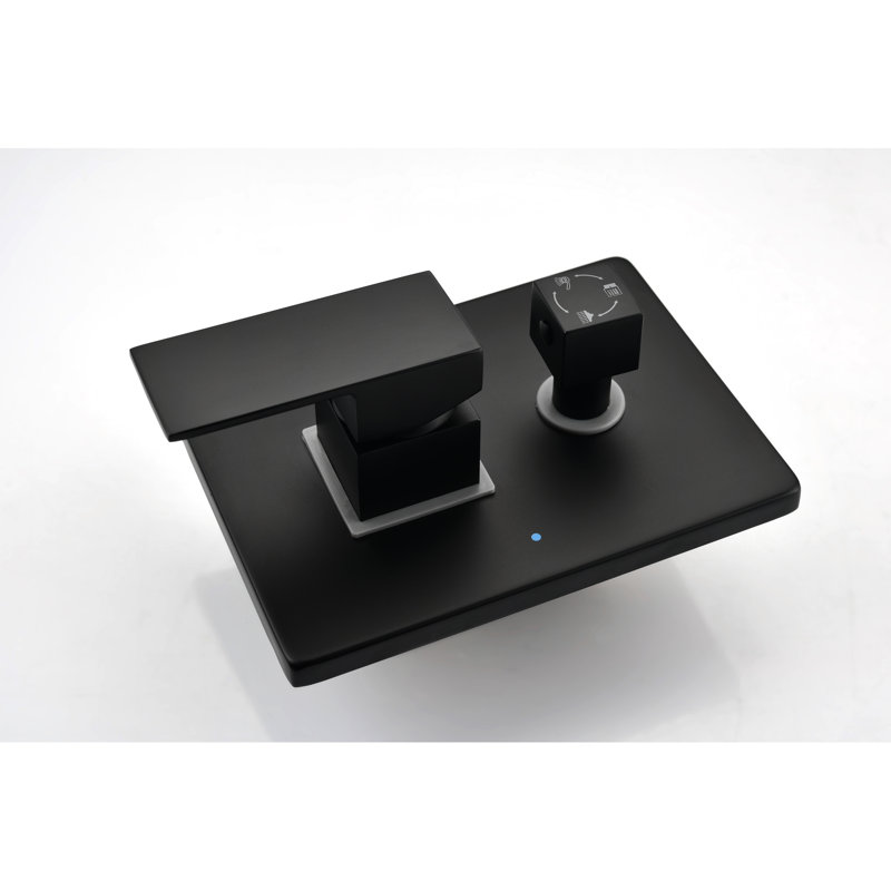 Système de douche noir mat pour salle de bain avec pomme de douche carrée, douche à main, jets pour le corps et baignoire à 3 valves d'équilibre