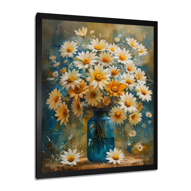 Bleu et blanc, nature morte, fleurs dans un vase II - marguerites, art mural, H 20 po x l 12 po x P 1 po, Cadre simple noir