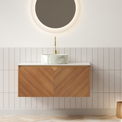 Meuble-lavabo de salle de bain, meuble de rangement flottant en contreplaqué, portes doubles en sergé avec garniture en métal, lavabo rond en céramique à motif de pierre mat et plateau en pierre frittée
