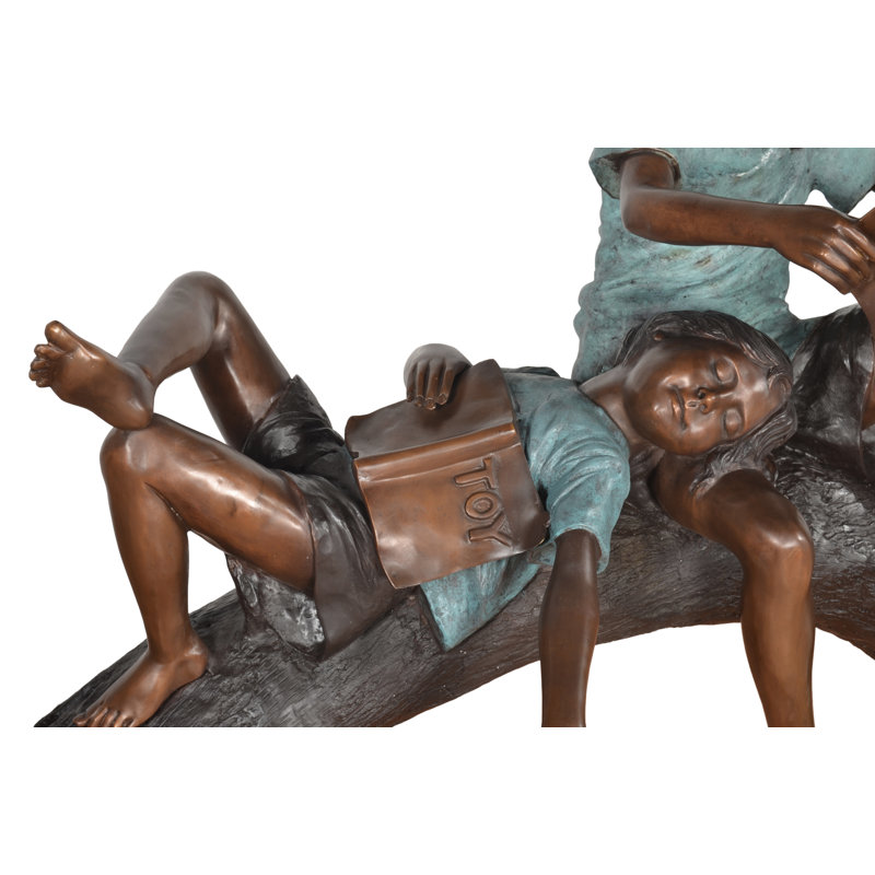Banc de lecture en bronze pour arbre deux enfants