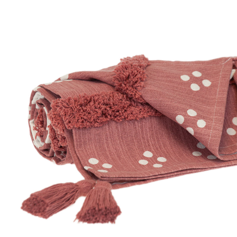 Jeté rayé en coton tissé rose