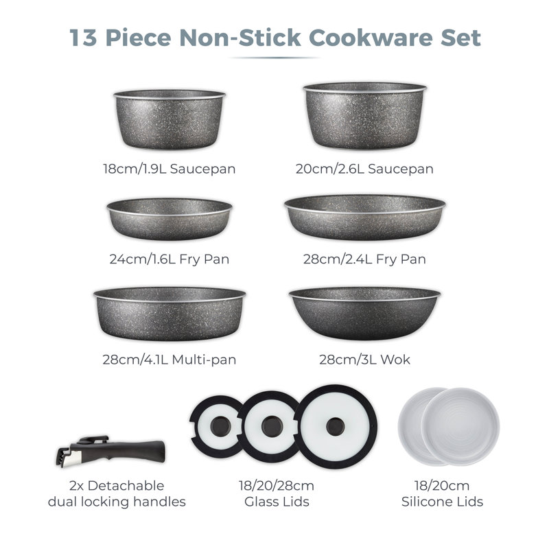 Tower Freedom Detachable Handles Cookware Set with Cerastone Coating, Stackable Design, 13pc, Graphite, Black