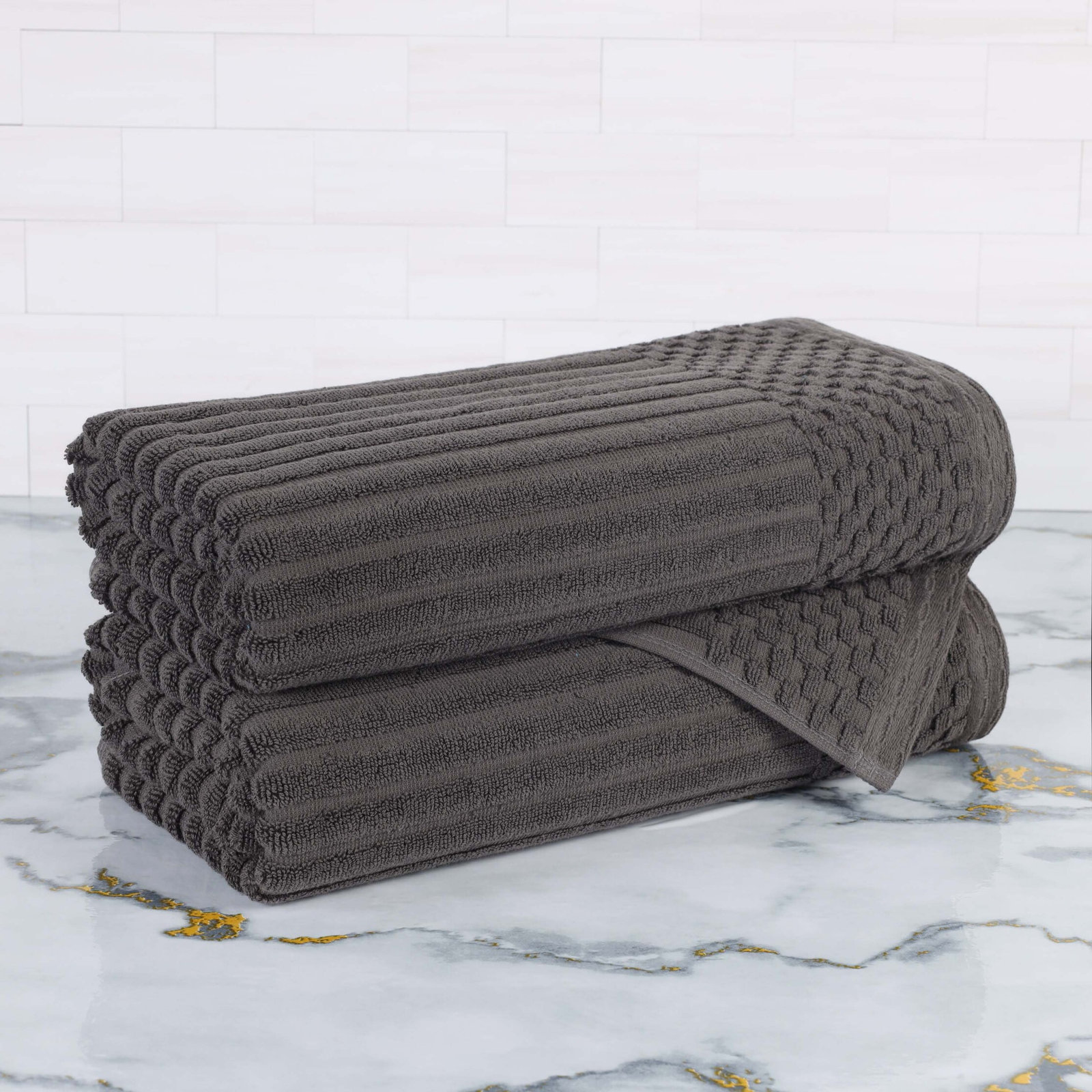 Ruvins Cotton Highly Absorbent Solid and Checkered Border Bath Towel Set, Dark Grey