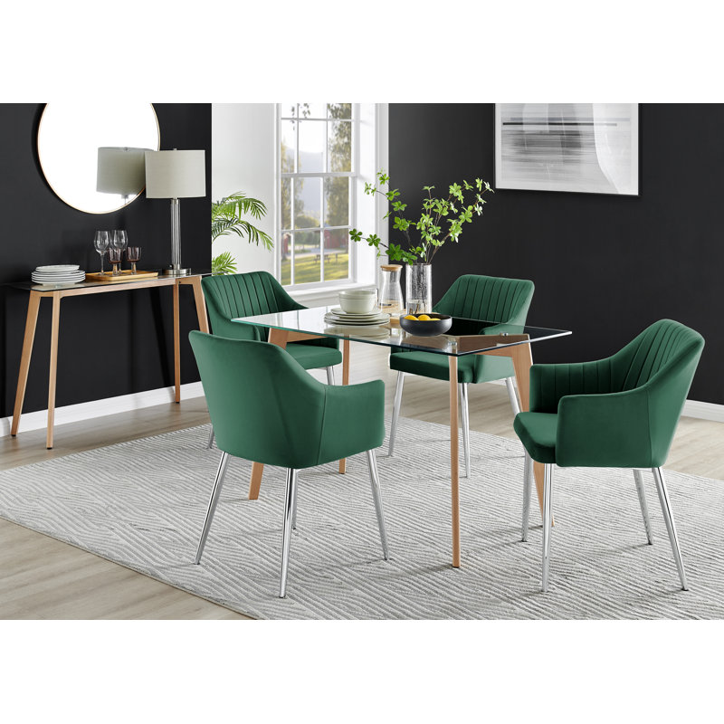 Scandinavian Dining Table Set - Minimalist Style Glass and Metal Leg with 4 Luxury Dining Chairs, Green/Silver, Light Brown
