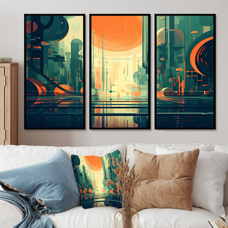 Ensemble d'art mural rétro moderne pleine lune III - Mid-Century, Cadre flottant noir, H 40 po x l 60 po x P 1 po