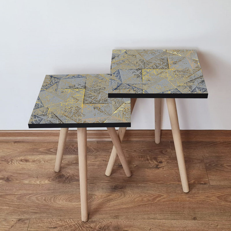 Ensemble de 2 tables gigognes modernes (gris, beige et jaune) de 13,8 po x 18,5 po x 13,8 po | 100% panneau de fibres à densité moyenne avec pieds en bois de hêtre, épaisseur: 0,7 pouce | Conception géométrique élégante, parfaite pour le salon et la décoration intérieure