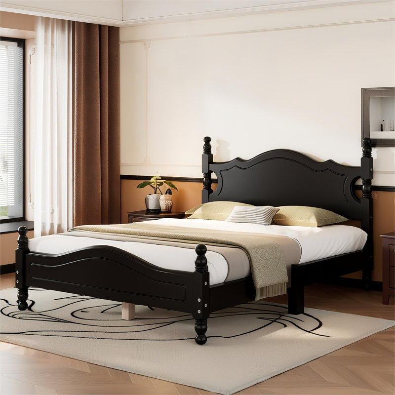 Base de lit plateforme en bois, lit plateforme de style rétro avec 12 lattes en bois, Noir, Lit double