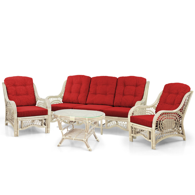 Malibu 4-Piece Natural Rattan Wicker Lounge Set with Red Cushions