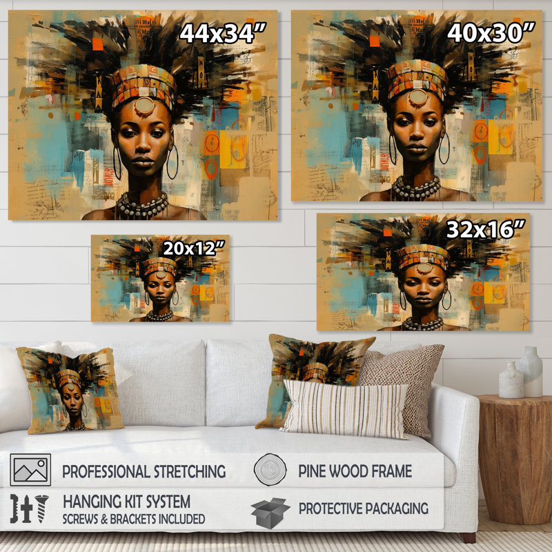 Tribal déesse portrait africain contemporain, H 24 po x l 32 po x P 1 po, Cadre doré simple