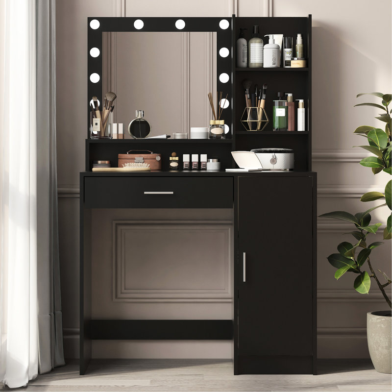 Bureau de meuble-lavabo pour chambre à coucher avec miroir, 12 lumières à DEL, 3 modes d'éclairage, rangement à trois niveaux, tiroir en bois et panneau de particules avec structure d'armoire