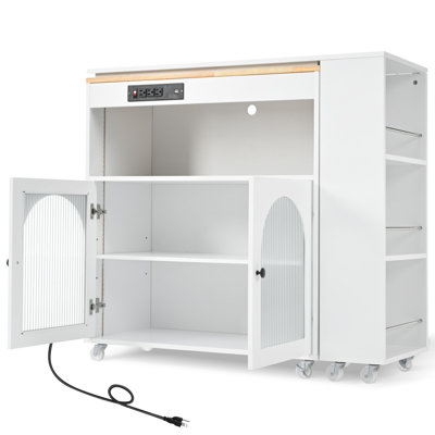K&K Rolling Kitchen Island With Extended Table, Kitchen Island On Wheels With LED Lights,Power Outlets And 2 Fluted Glass Doors, Kitchen Island With A Storage Compartment And Side 3 Open Shelves,White