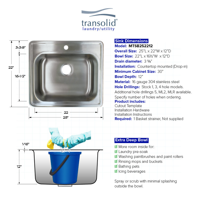 25'' L Single Bowl Stainless Steel Kitchen Sink, 5 Hole