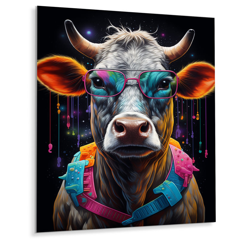 Vache avec lunettes de soleil bleues fraîches, Métal métal, H 32 po x l 24 po x P 1 po
