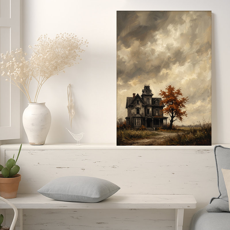 Toile murale grise de style victorien à côté d'un arbre orange sous un ciel nuageux, 18"H x 12"W