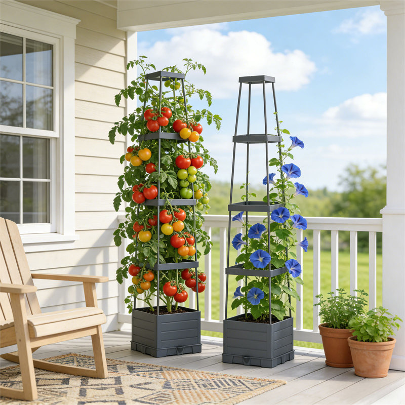 Ensemble de 2 jardin surélevé avec treillis, jardinière à arrosage automatique, cadre en acier à hauteur ajustable pour plantes grimpantes, jardinière d'extérieur pour tomates, légumes, balcon et patio