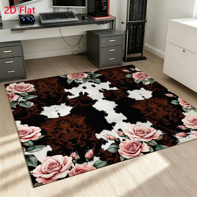 Cowhide Floral Rug for Living Room, Bedroom, Office, Decorative Soft Area, Non-Slip Floor Mat, Indoor Home Decor