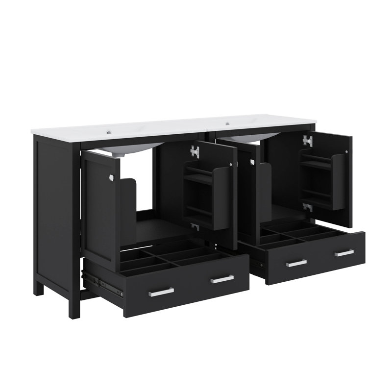 Ensemble de meuble-lavabo de 60 pouces avec lavabos doubles en céramique et tiroirs segmentés, Noir, Nickel brossé