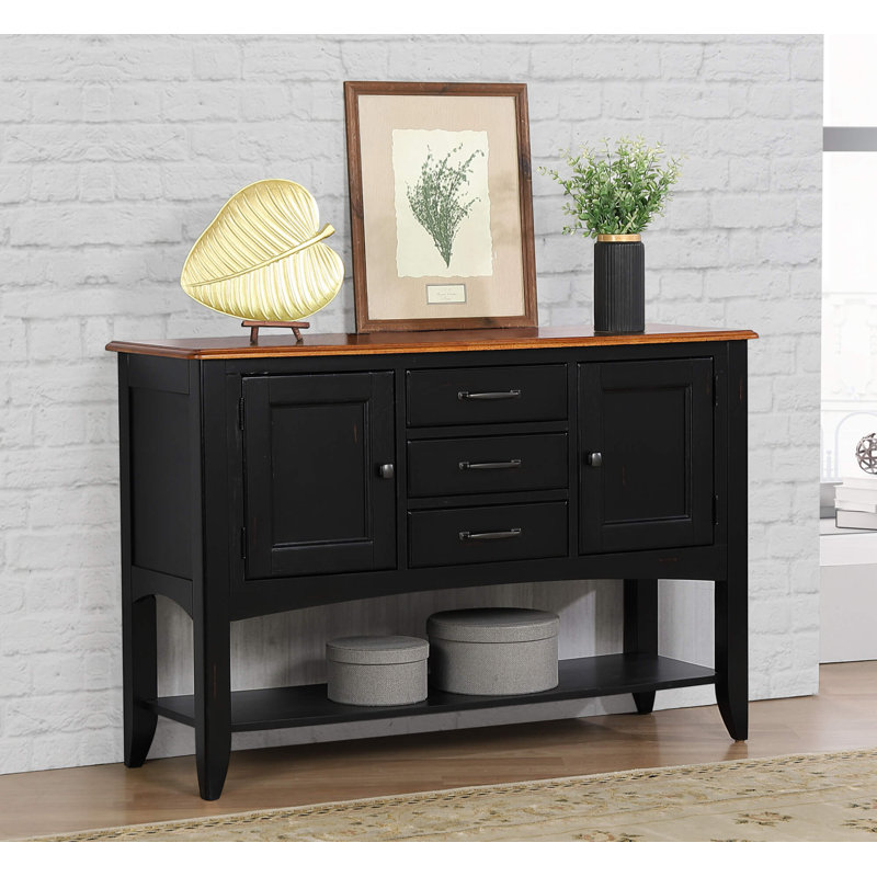 Buffet avec grande tablette Zechari | 3 tiroirs 2 armoires de rangement | Blanc antique et brun châtaignier