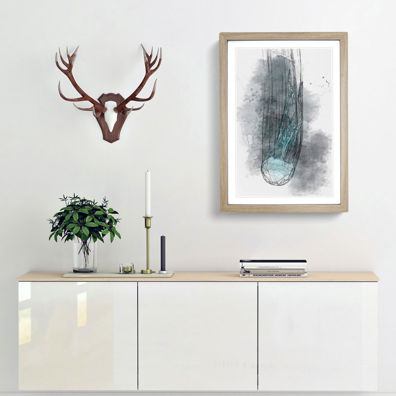 Neon Blue Jellyfish Abstract Art - Framed Print, Oak Framed, 48cm H x 36cm W x 2cm D