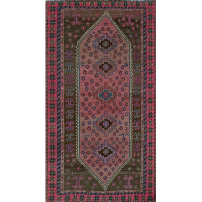 Tapis de zone en laine rose/vert 5 pi x 8 pi 7 po one-of-kind-noué la main Sébastien