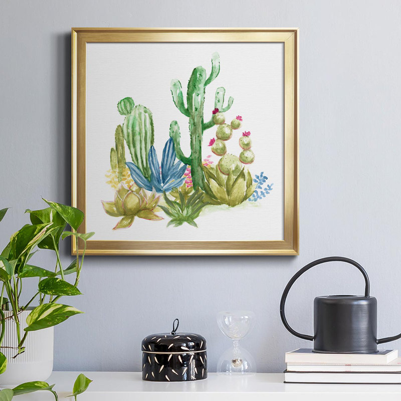 Cactus Vignette II - peinture sur toile encadrée, Or, H 26,5 po x l 26,5 po x P 1,5 po