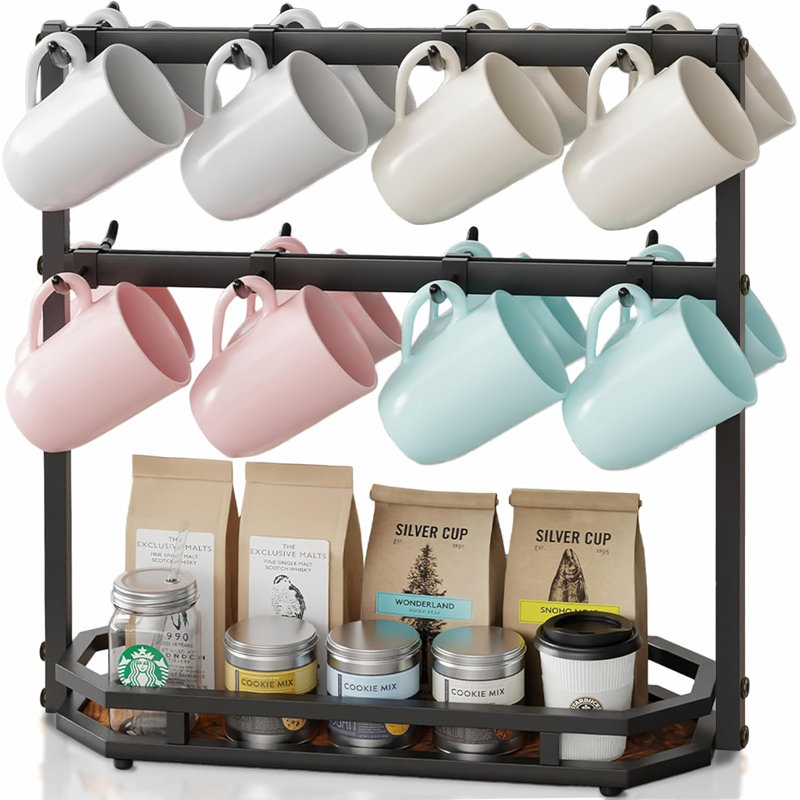 Porte-tasse à café avec crochets mobiles, porte-tasse à café pour 16 comptoirs, porte-arbre en métal avec base de rangement noir