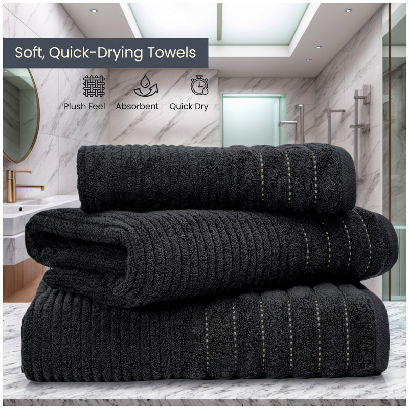 Pack of 4 Ribbed Cotton Towels, Hand, Bath Towels & Sheets, Premium Soft Feel, Quick Dry & Highly Absorbent Towelette, Black