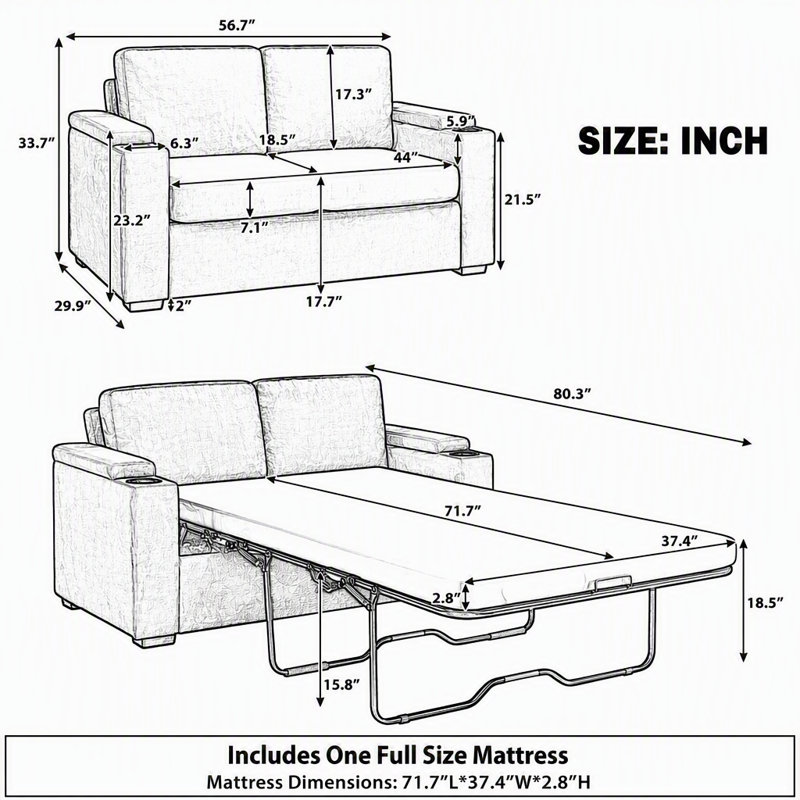Canapé-lit escamotable de 56,7 po, causeuse convertible avec matelas double, canapé rembourré en chenille avec porte-gobelets et rangement
