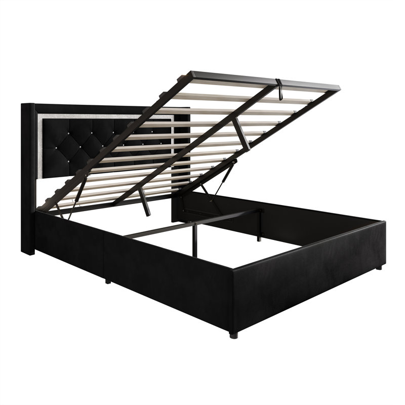 LIT DE RANGEMENT DE GRANDE PLATE-FORME WINGBACK RELEVÉ EN VELOURS NOIR, Noir, Grand lit