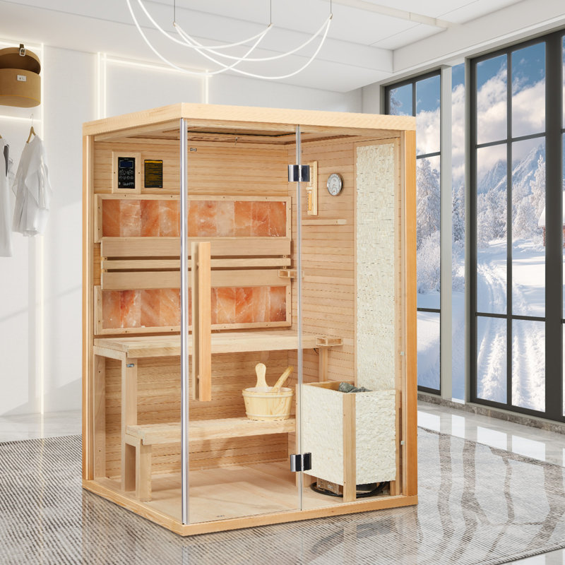 2-4 Person Traditional Indoor Steam Sauna with 2300W Heater, Wood Sauna Room with Himalayan Salt Bricks, 7-Color Ceiling Lights, Bluetooth Speaker, 220V