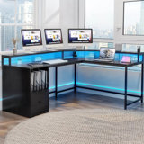 Monge 67'' L-Shape Wood Desk Computer Table with LED Light & Power Outlets