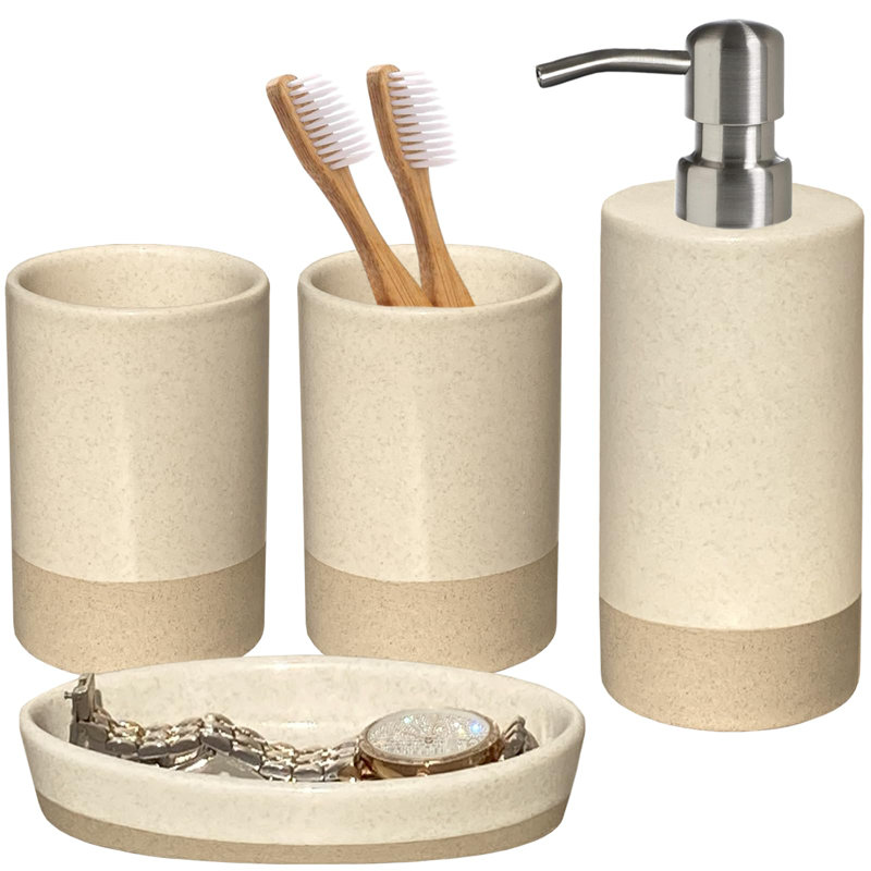 Ensemble d'accessoires de salle de bain 4, distributeur de savon beige pour la salle de bain, porte-brosse à dents, gobelet et porte-savon, essentiels pour nouvel appartement, décoration de salle de bain beige moderne (rustique)