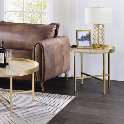 Table de bout ronde en chêne et or avec aspect fonctionnel - pour un usage domestique