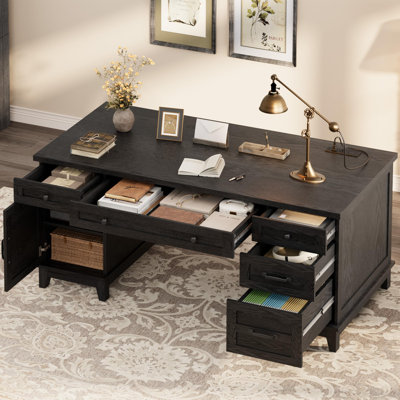 60in Wooden Executive Desk with 5 Drawers & Charging Station – Farmhouse Office Computer Table with File Cabinet Storage for Study, Home Office (Rustic Black)