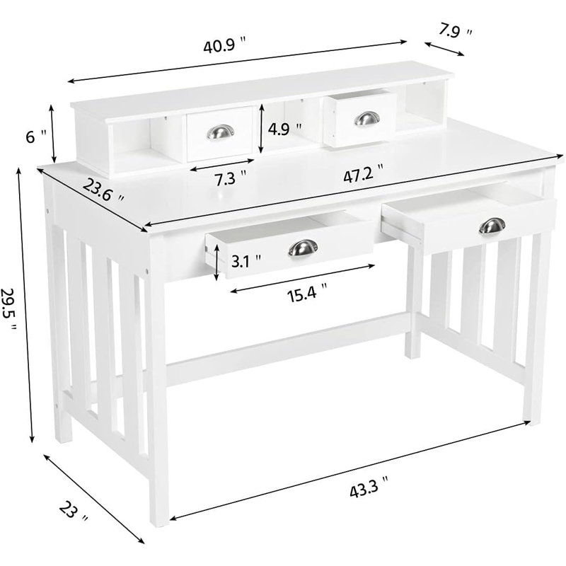 Large Computer Desk, White Home Office Workstation With 4 Storage Drawers, Modern PC Work Table 23 Deep With Monitor Stand For Screen, Wood Stable Executive Table With Large Desktop