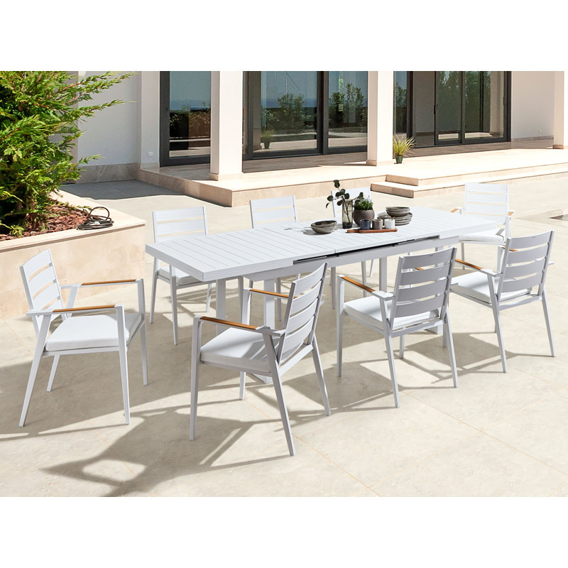 Nebih 8 - Person Patio Dining Set Extendable Rectangular Table with Cushions Included, White