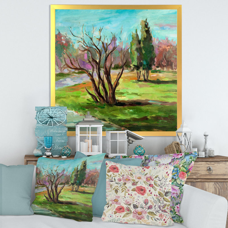 Deux arbres éloignés dans un paysage vert - peinture sur toile, H 36 po x l 36 po x 1,5 po, Cadre doré