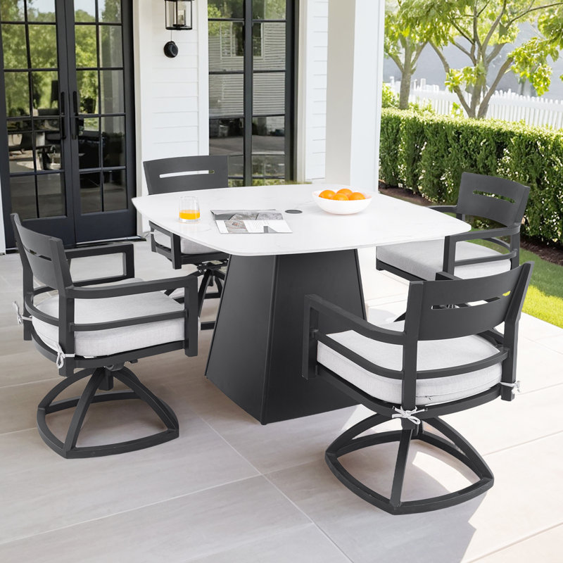 Ensemble repas 5 pièces pour l'extérieur, table en pierre frittée de 44 po et 4 chaises berçantes pivotantes avec patio rembourré, structure en aluminium robuste