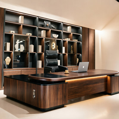 Bureau de direction en L 110,24 "en forme de L en bois massif brun