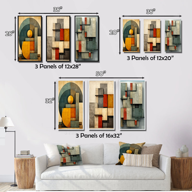 «Full Moon Celebratration Vintage Abstract», 3 pièces sur toile, Cadre flottant doré, H 20 po x l 36 po