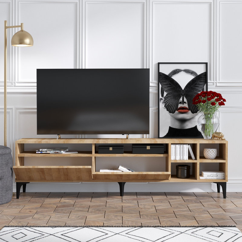 Meuble télé moderne en chêne avec option de fixation murale, 70,9 po x 20,5 po x 13,8 po | 100% panneau de particules enduit de mélamine, épaisseur: 0,7 pouce | Design scandinave élégant, nombreuses tablettes, pieds en plastique durable pour plus d