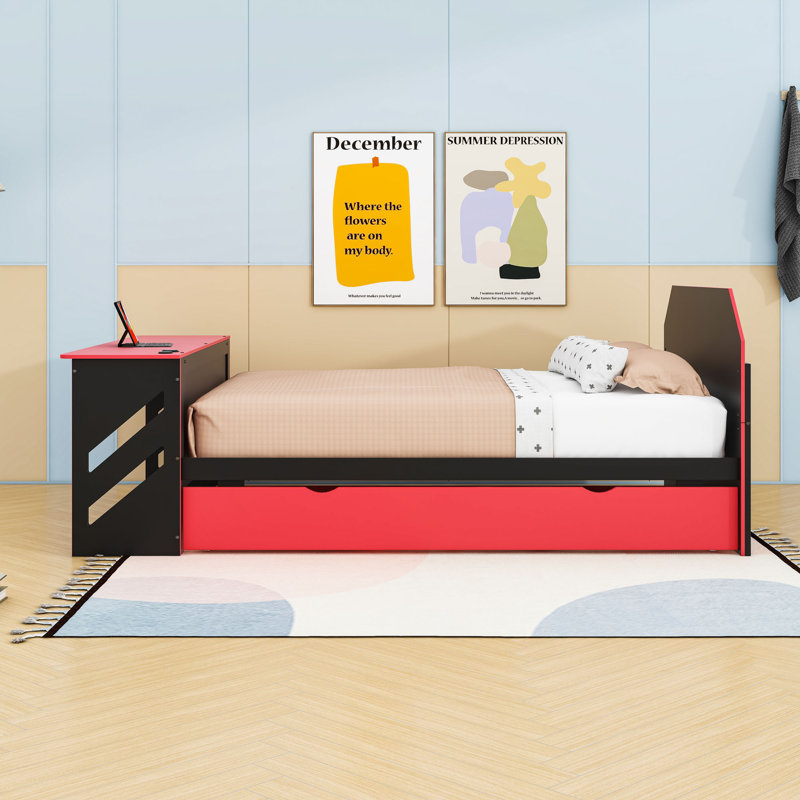 Full Daybed with Twin Trundle, USB Port, and Smart Desk, Red