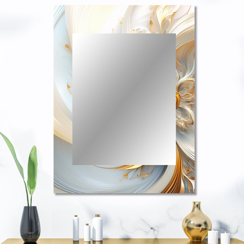 «Whirling tandis que les fractales glam en or et blanc I - miroir décoratif de fractales, miroir mural moderne, art imprimé en métal