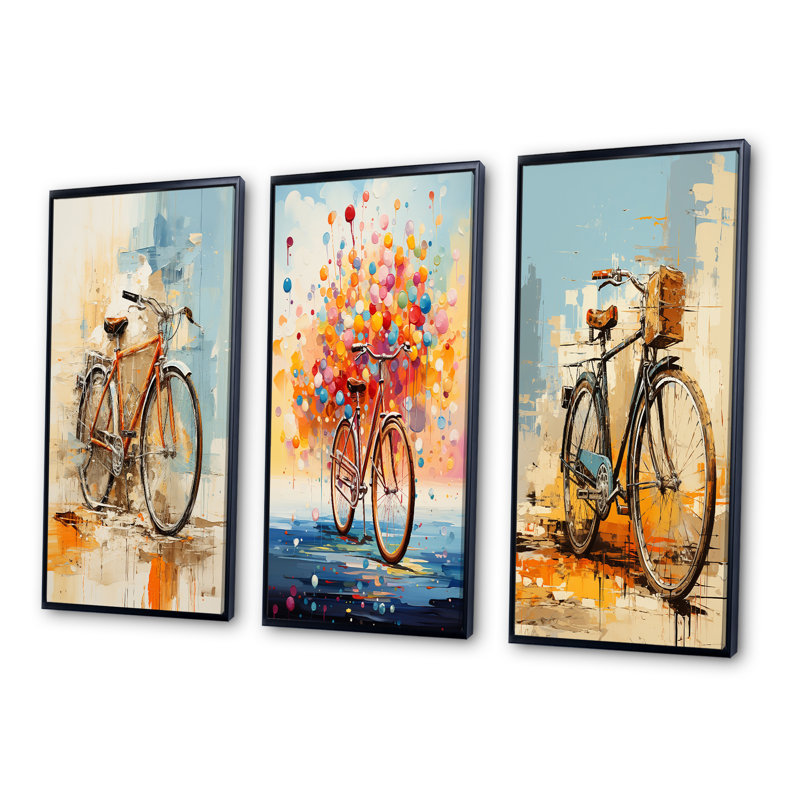"Vélo expressif voyages" - 3 pièces sur toile, H 40 po x l 60 po, Cadre noir