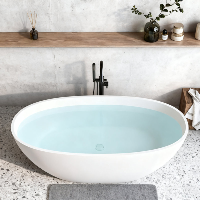 Solid Surface Matte Freestanding Soaking Tub with Thick Edges, Overflow, and Pop-up Drain in Matte White