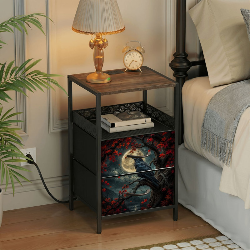 Table de chevet 2 tiroirs avec station de charge, table de chevet pour chambre avec ports USB et amp; Table de chevet noire Outlet