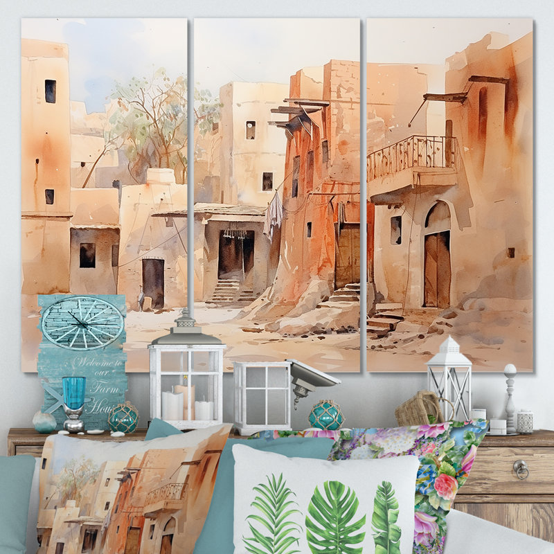 Village urbain, Sables égyptiens I - Art mural égyptien, Toile tendue, H 32 po x l 48 po x P 1 po