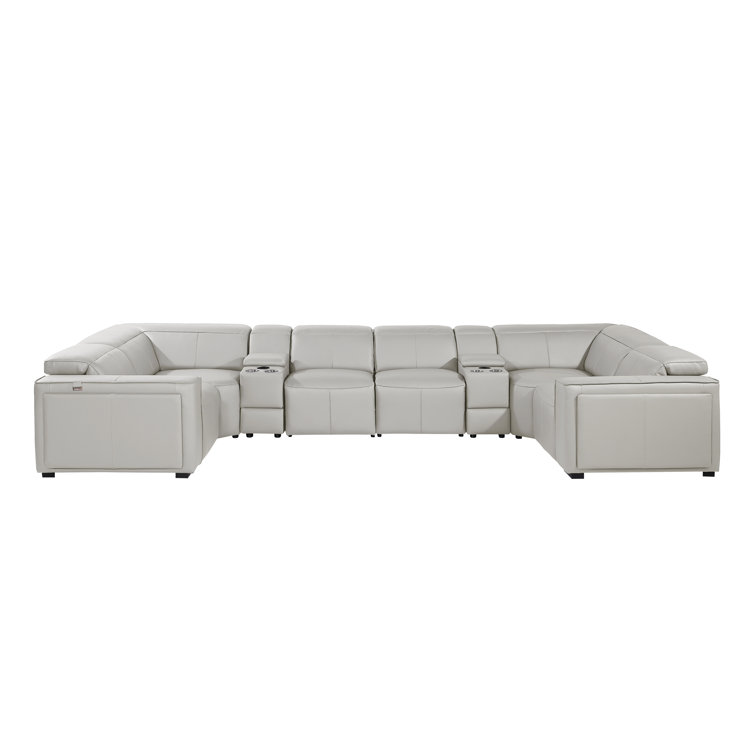 Top Grain Italian Leather 8-Piece U-Shaped Modular Power Reclining Sectional With 2 Power Recliners & Power Headrests