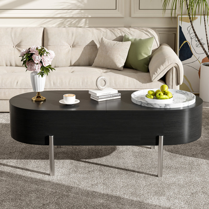 Table basse à plateau relevable de 47,2 po, table centrale ovale en bois avec rangement caché, plateau tournant, design moderne pour le salon | Idée de cadeau
